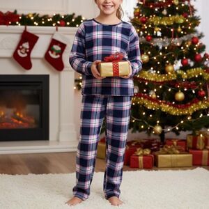 L 14 Girls Purple Plaid Tartan Fleece PJs Christmas Fleece Pajamas - Thereabouts